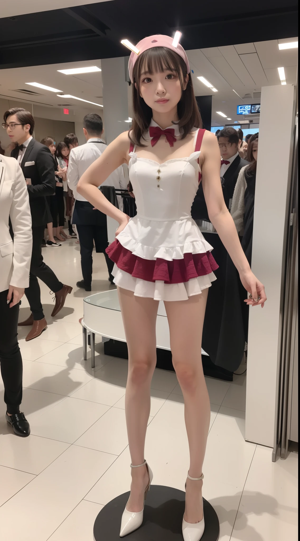 of the highest quality, Idol with slender body, front facing, Well-proportioned body, Exhibited, Event Hall, Moe Pose, White Maid Dress, Standing with legs open, Hands on hips, Model body type