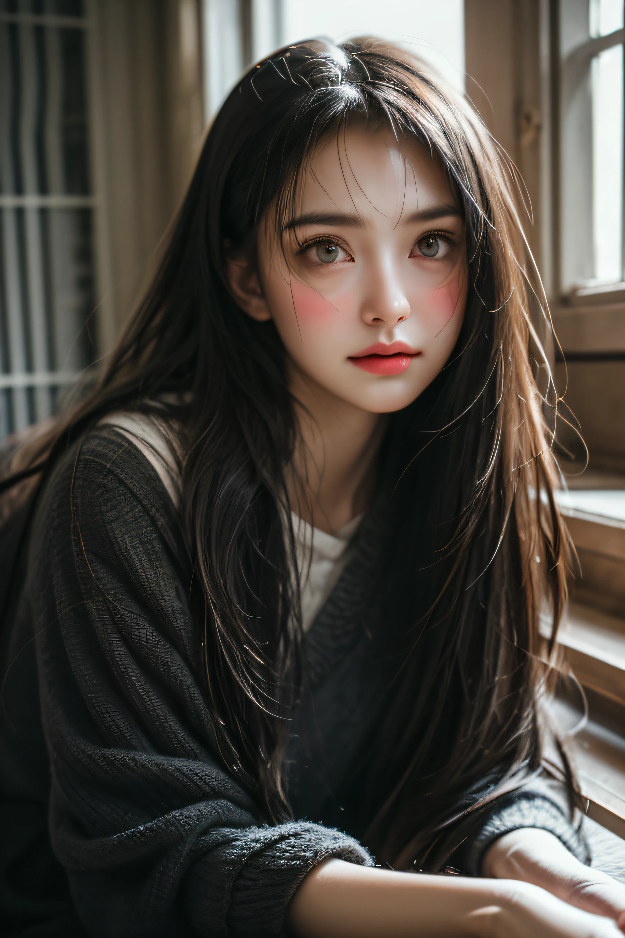 in a basement,wet,Charming eyes,Heartwarming action,Turn your face away from the camera,stooped,Bend over,turn back,Look up,thick long hair,Highly detailed body,Highly detailed face,best qualtiy,
