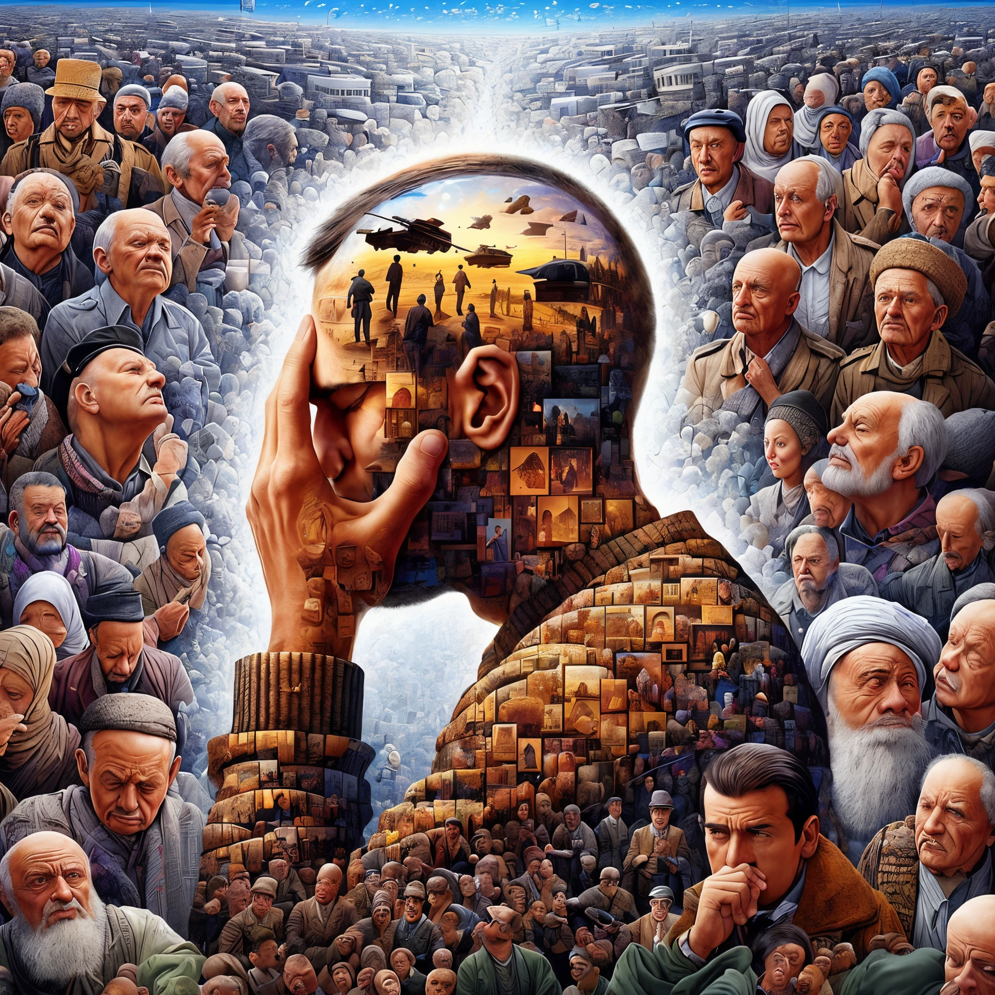A picture of a man with a head full of people, Surreal art, his mind contemplating eternity, Digital art that bends the mind, incredible detail, They reach his heart, Collective consciousness, Bending the mind, matte painting of human mind, Inspired by Igor Morski, ponder existence, who can open up, Surreal art, surrealism art, there are human heads everywhere