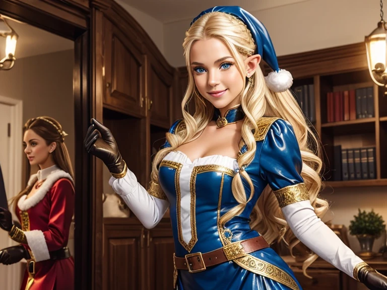 1 santa claus man and 2 young women dancing in the office. view side BREAK man dressed as santa claus dancing BREAK  blonde elf with blue eyes, beatiful face, long wavy hair, in a blue dress with gold embroidery, leather gloves above the elbow, thigh boots. BREAK brunette elf, hair ponytail, cute face, in a white dress with black embroidery, leather gloves above the elbow, thigh boots. BREAK smile, laughter, atmosphere of celebration and fun, high quality. 8K.