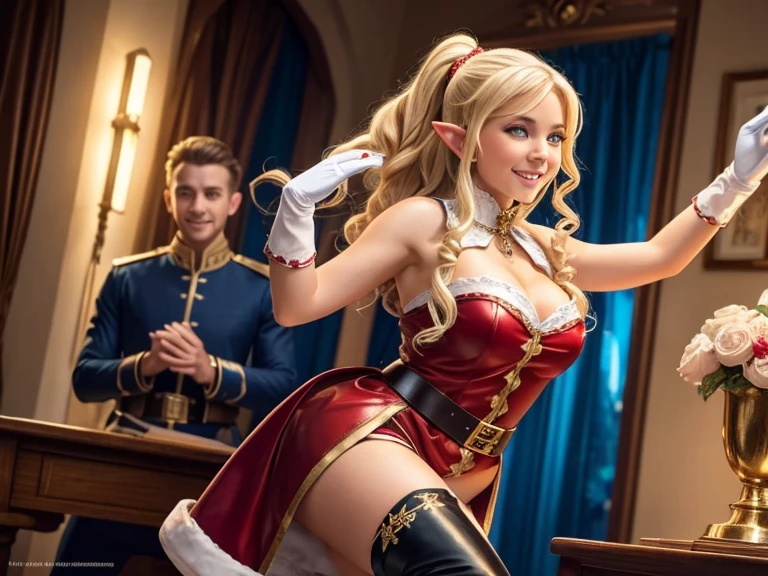 1 santa claus man and 2 young women dancing in the office. view side BREAK man dressed as santa claus dancing BREAK blonde elf with blue eyes, beatiful face, long wavy hair, in a blue dress with gold embroidery, leather gloves above the elbow, thigh boots. BREAK brunette elf, hair ponytail, cute face, in a white dress with black embroidery, leather gloves above the elbow, thigh boots. BREAK smile, laughter, atmosphere of celebration and fun, high quality. 8K.