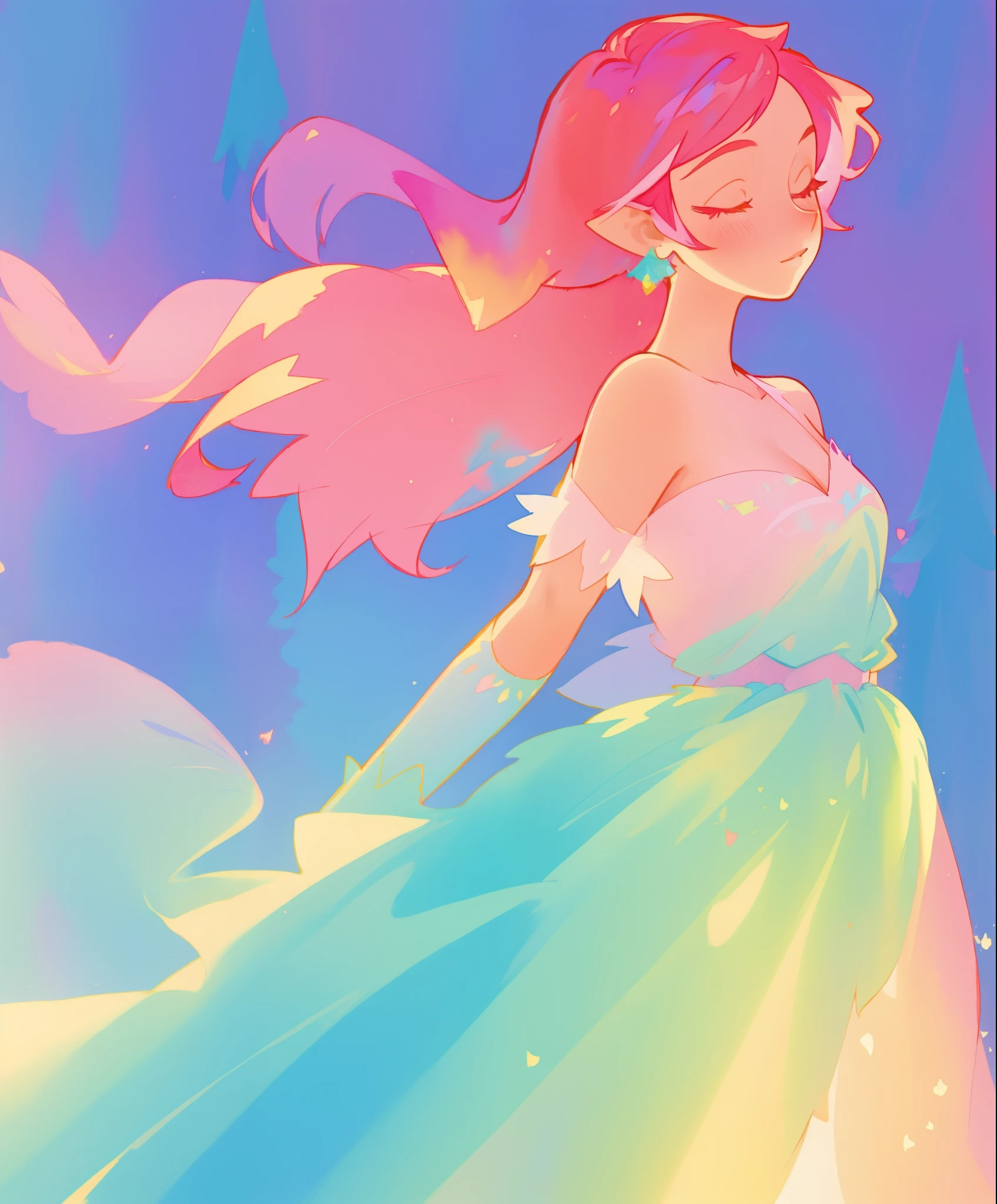 beautiful fairy girl in colorful gradient princess ballgown, fairy wings, fairy princess, long flowing red pink hair, colorful fantasia background, watercolor illustration, disney art style, beautiful digital illustration, beautiful, masterpiece, best quality, anime disney style, beautiful face