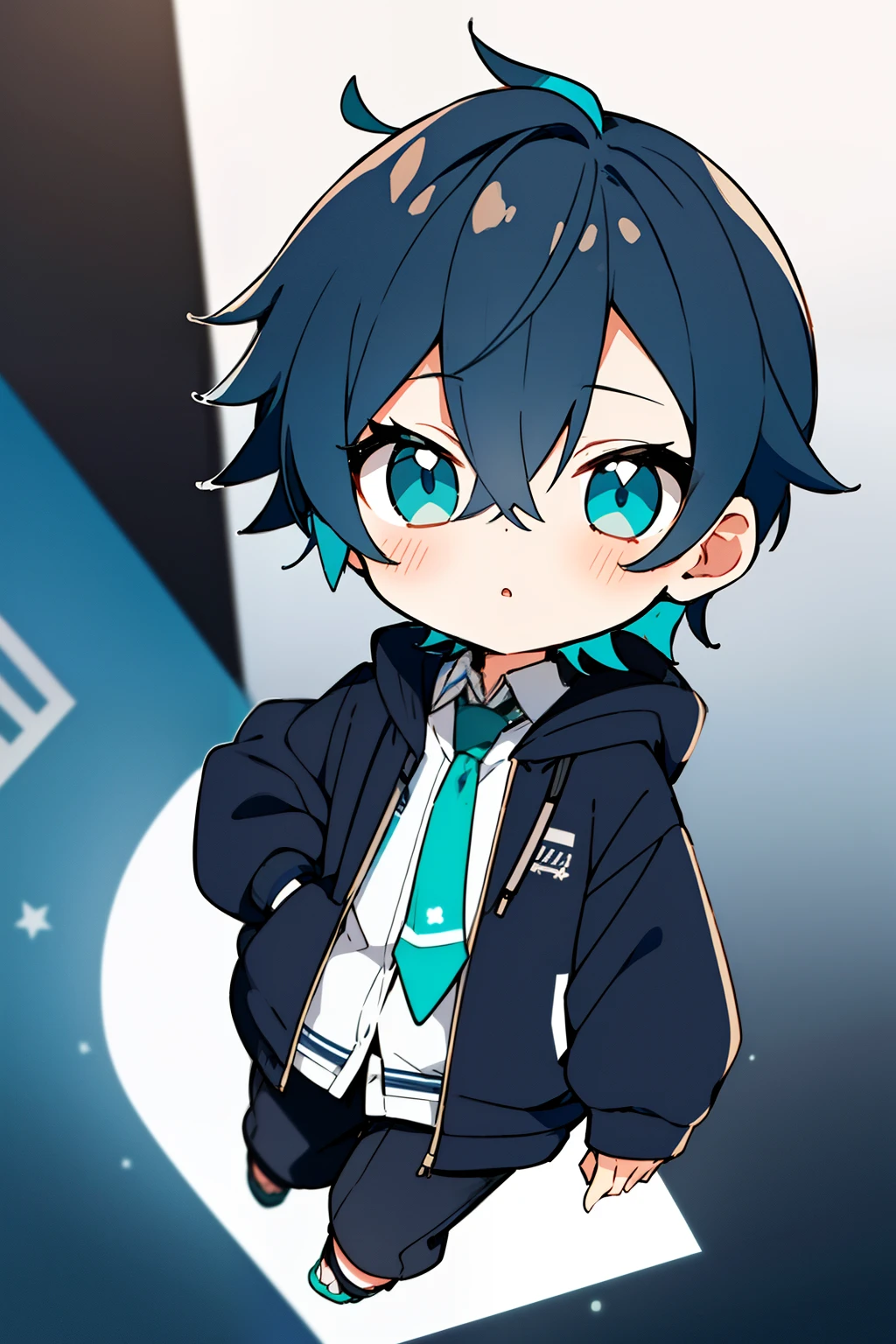 dark blue short hair、anime boy, 2 d anime style, Anime Boy, Chibi, 2 D Anime, anime chibi, anime moe art style, live2d virtual youtuber model, Tsuaii, trigger anime art style, kawaii chibi, Mikudayo、white hoodie and black jacket with wide sleeves、Emerald green tie、short-haired、ember