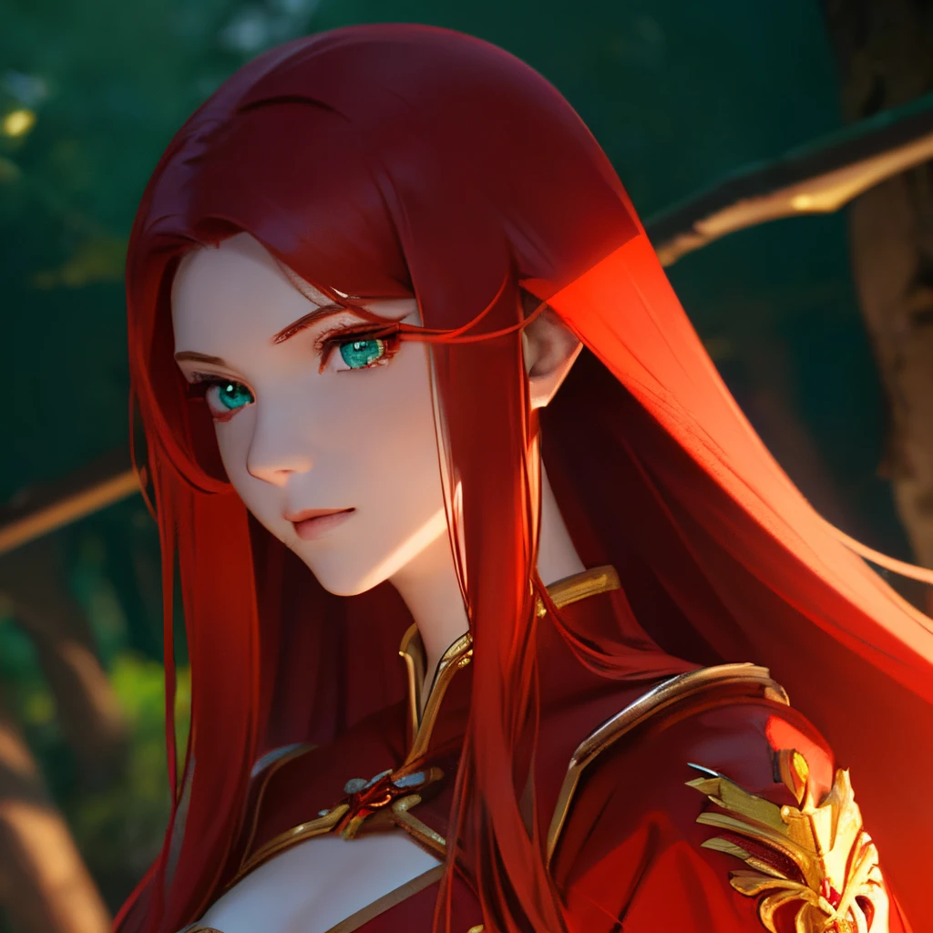 troll woman、Beautiful red hair、Crimson dress、de pele branca、(Detailed face, Detailed eyes, Clear skin, quench your thirst, charmed,, (((entire body visible))), Looking at Viewer, Portrait, Photography, Detailed skin, Realistic, in 8K, Highly detailed, full length frame, High Detail RAW Color Art, 耳Nipple Ring, diffused soft lighting, Shallow depth of field,, Cinematic lighting、sharp, Finest quality、Anime painting style、hair is very deep red、Long body、Cool、demagoguery、Warhammer、Drawing the whole body、beautiful forest background、hunter、Dynamic pose with a huge hammer、Beautiful green eyes catch your eye、Smooth straight hair、movement of light in limbs