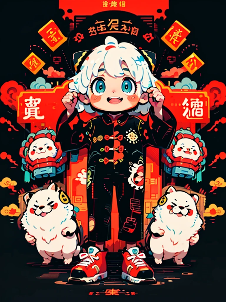 Game character design，(((Vector illustration style)))，(1 chubby child，Wearing the legendary Chinese New Year red costume，Wearing an auspicious gemstone headdresuwa#39;s facial expression  cute and enthusiastic，The eyes are shining，The corners of the mouth are raised), (Fuwa holds a bunch of firecrackeruwa’s hair has two cute little braids，You can tie a red ribbon on the braid), (((The stands up，Chinese Xiangyun cloth shoes: 1.6, Glowing lines or deep red LED light effect))), (whole body: 1.5), (((Chinese New Year elements, Chinese red background, auspicious clouds))), (pov, first-person view, Ghibli-like colours, Luminism, cinematic lighting, UHD, masterpiece, ccurate, anatomically correct, textured skin, super detail, high details, high quality, award winning, best quality, 4k), vivd colour, lively expression, eyes with brightness, Gentle background, styled