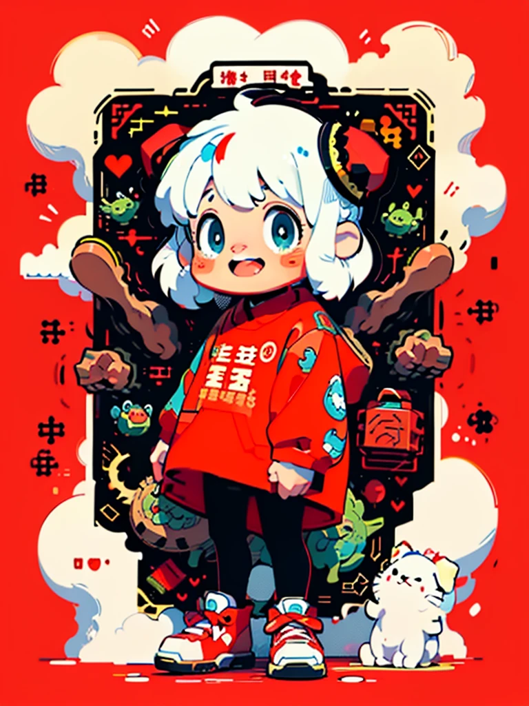 Game character design,(((Vector illustration style))),(1 chubby child,Wearing the legendary Chinese New Year red costume,Wearing an auspicious gemstone headdresuwa#39;s facial expression cute and enthusiastic,The eyes are shining,The corners of the mouth are raised), (Fuwa holds a bunch of firecrackeruwa’s hair has two cute little braids,You can tie a red ribbon on the braid), (((The stands up,Chinese Xiangyun cloth shoes: 1.6, Glowing lines or deep red LED light effect))), (whole body: 1.5), (((Chinese New Year elements, Chinese red background, auspicious clouds))), (pov, first-person view, Ghibli-like colours, Luminism, cinematic lighting, UHD, masterpiece, ccurate, anatomically correct, textured skin, super detail, high details, high quality, award winning, best quality, 4k), vivd colour, lively expression, eyes with brightness, Gentle background, styled