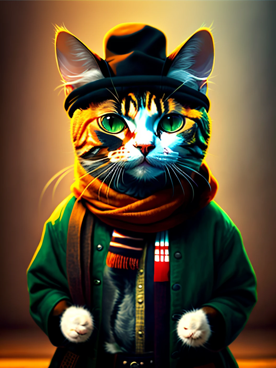picture of a cat in a hat and scarf, art station trend, dressed in punk clothes, hyper realistic detailed rendering, british gang member, style, intimidating pose, planet of cats, fashion clothes, samurai, meow, west slavic traits, 8 1 5