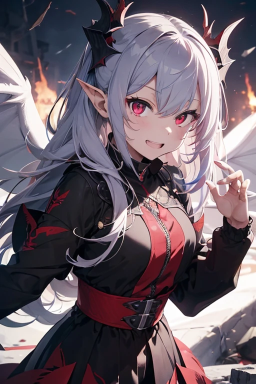 Within the confines of a detailed anime realm,beast style,has an evil look,laughing out loud,The pattern shines crimson,It's black and shiny,empty eyes,is a girl,is a robot,stylish composition,dragon layer,whole body is a machine,hair color is silver and Vermilion((streaked hair)),variable wings,sharp ears,Has a halo on his head,There are wings on the back,they are facing,best quality,fighting for justice,Ouroboros in the shape of a halo with thorns,ominous background,8K, 16K