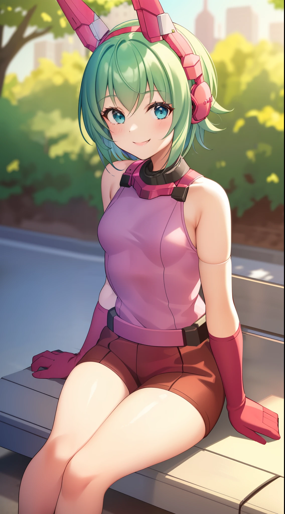 1 girl, ************, in the park, pink t-shirt, demin short, small breasts, short hair, green hair, blue eyes, elbow gloves, cute girl, smiling, mecha headgear, seductive pose, red shoes, sitting in a bench