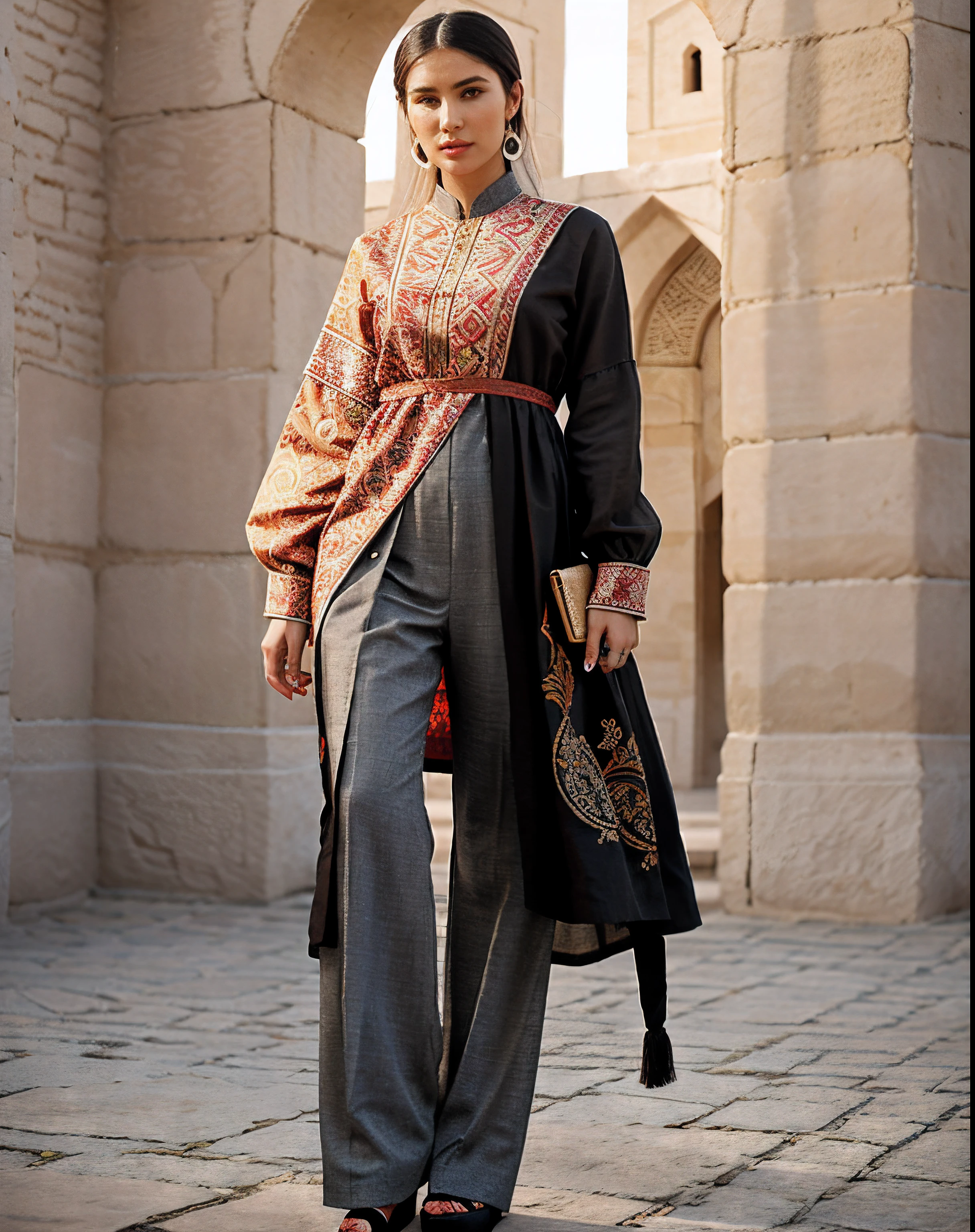 Elevate your style with a dress, combining the modernity of high fashion and the rich history of the Ark fortress in Bukhara.. Choose hyper-realistic renderings and choose your material, decorated with traditional patterns or artistic designs..
