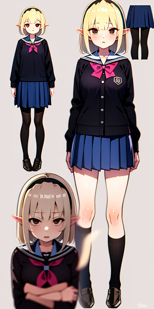 full body standing woman, white background, white hair, long messy hair, black elf skin, school uniform, schoolgirl