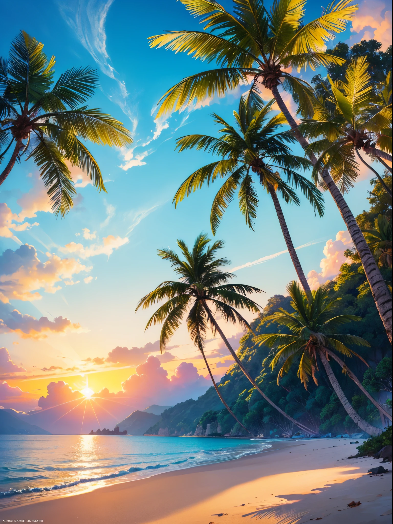 painting of a sunset on a tropical beach with a greeny hill in the background, coconut trees, small sailing boat, beautiful art uhd, detailed painting, highly detailed digital art, inspired by RHADS, 4k detailed digital art, detailed scenery, stunning artwork, by RHADS, dan mumford and albert bierstadt, anime art wallpaper 4k
