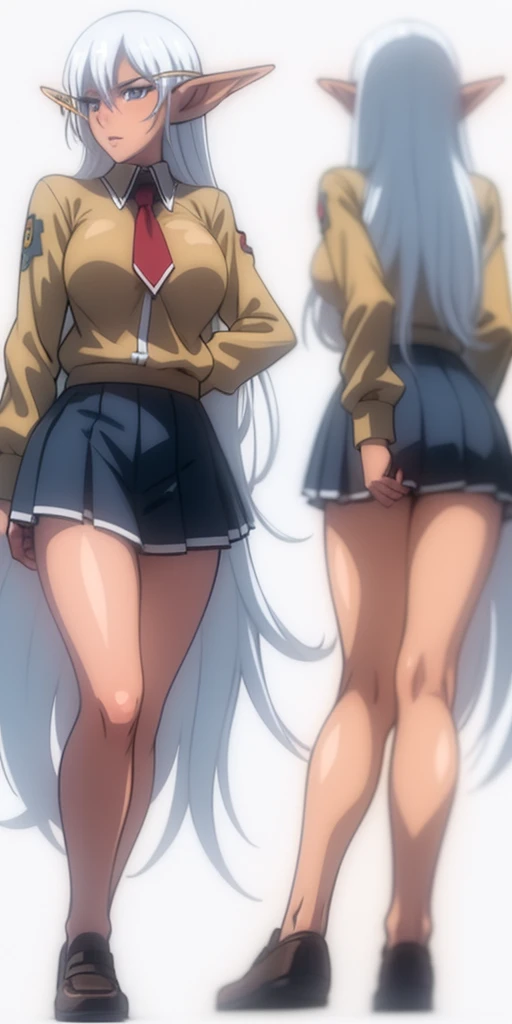 full body standing woman, white background, white hair, long messy hair, black elf skin, school uniform, girlscout uniform