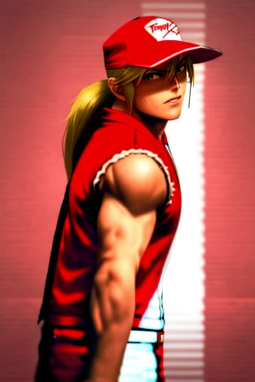 Terry Bogard , arcane style, 1male people, 独奏, letterbox, blurry backround, medium shot portrait, ((​masterpiece)) (red trucker cap), (red sleeveless jacket), (white t-shirts), (Blonde ponytail)，skill