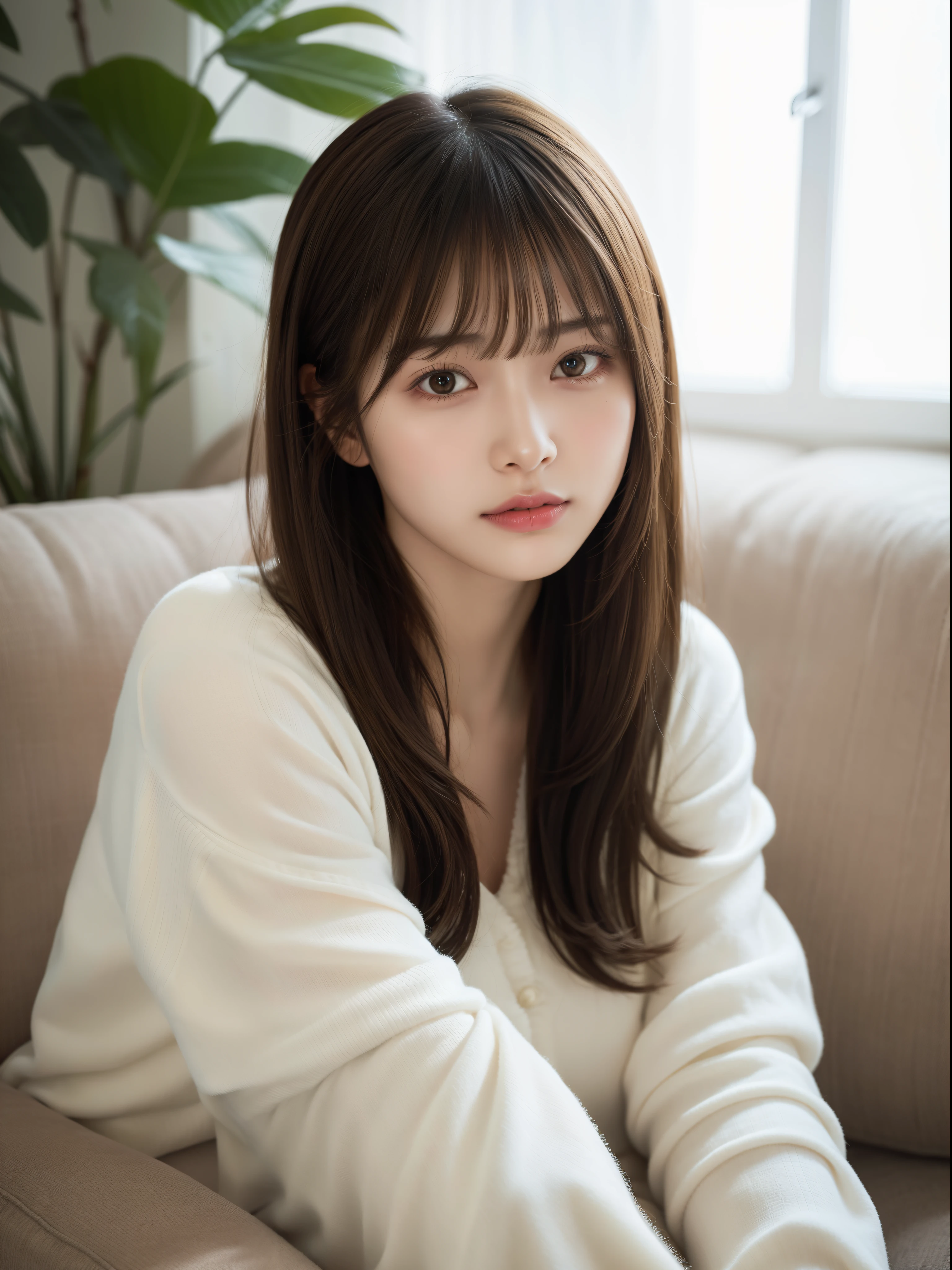 One girl sitting on a cozy sofa, Soft light, Detailed skin, (Long bangs:1,2), (Medium bust:1.0), (realphoto:1.4), (Best Quality: 1.0 ), (Ultra High Resolution:1.0), 8K, raw picture, (masutepiece:0.2), (PurerosFace_v1:0.5)