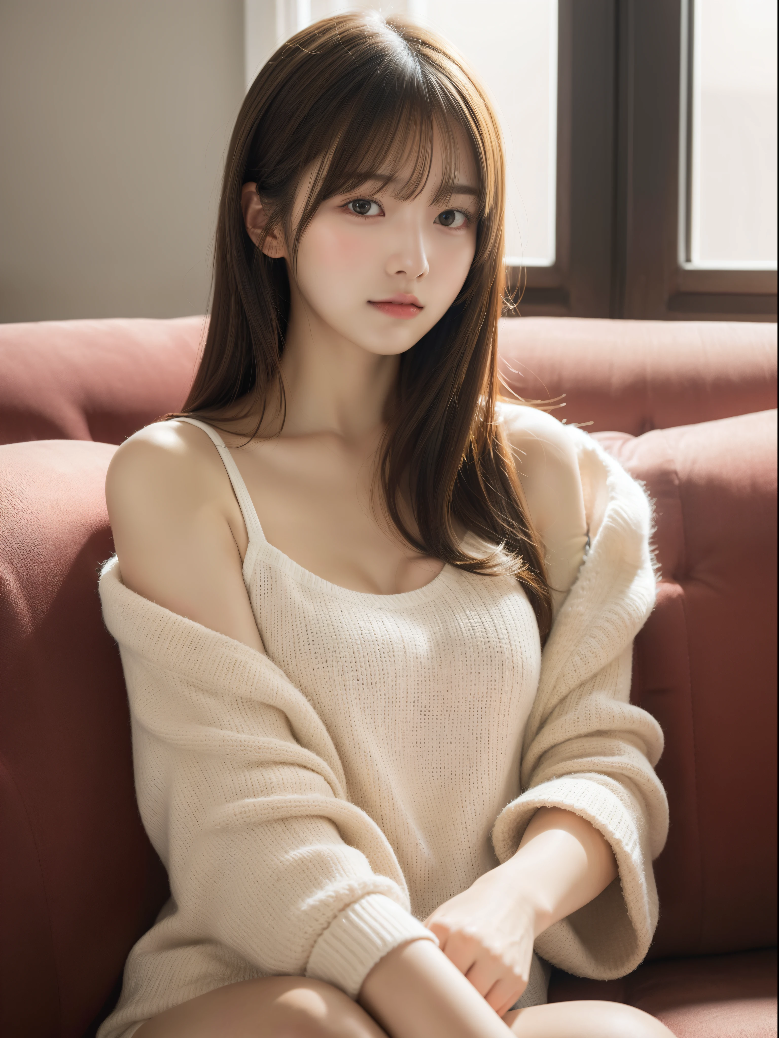 One girl sitting on a cozy sofa, Soft light, Detailed skin, (Long bangs:1,2), (Medium bust:1.0), (realphoto:1.4), (Best Quality: 1.0 ), (Ultra High Resolution:1.0), 8K, raw picture, (masutepiece:0.2), (PurerosFace_v1:0.5)