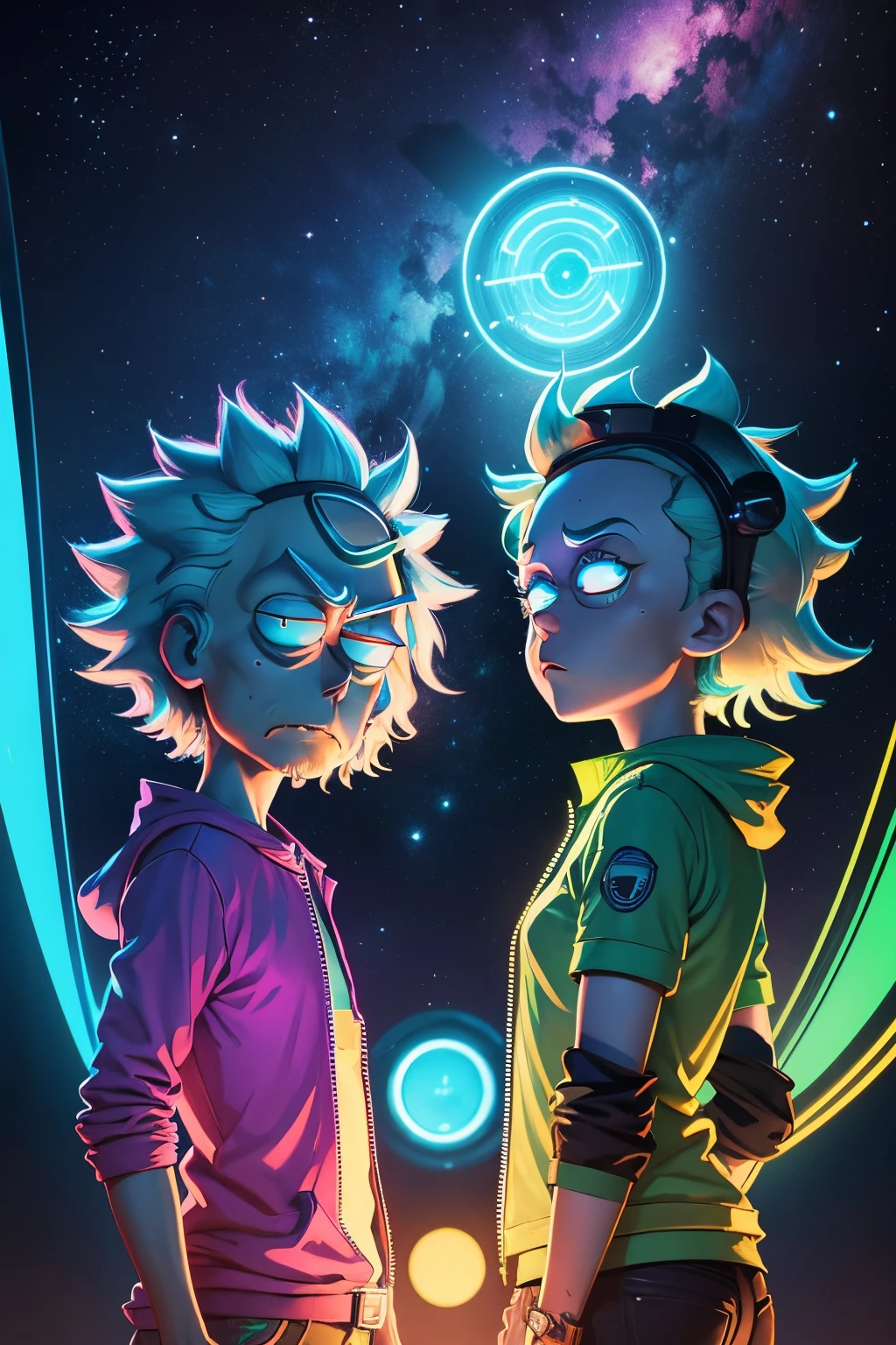 Rick and Morty, arte digital, ultra hd, cheio de detalhes, luzes e sombras bem definidos, Great saturation, shine highlighting the character, and a neon light with cartoon space neon background