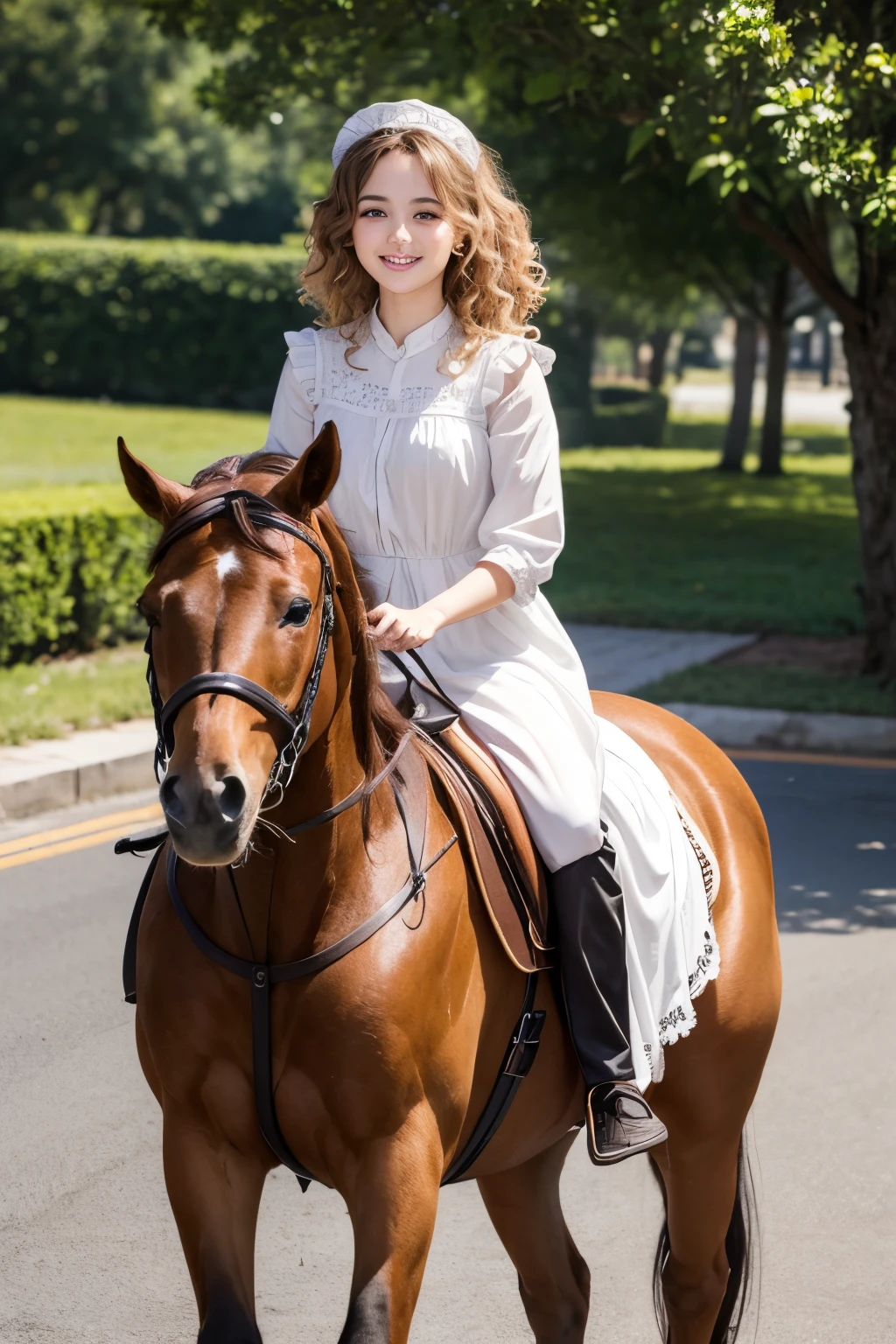 ((One Girl Riding Horseback))、Cute girl with green eyes、Severe curly hair、Naturally curly hair、Golden hair、hitornfreckles、Housemaid style、ssmile、Street Trees