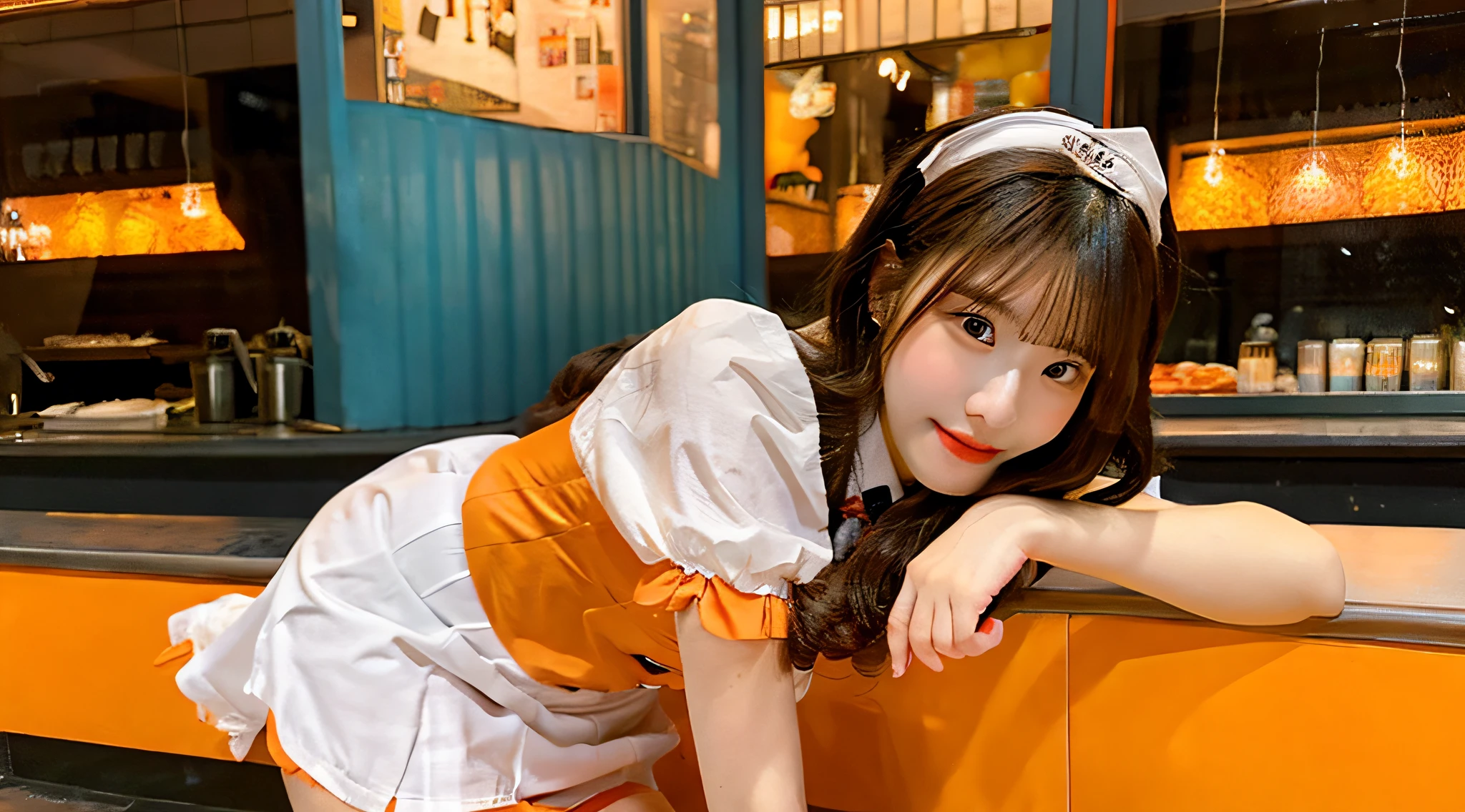 Cute waitress 18 years old wearing an orange miniskirt