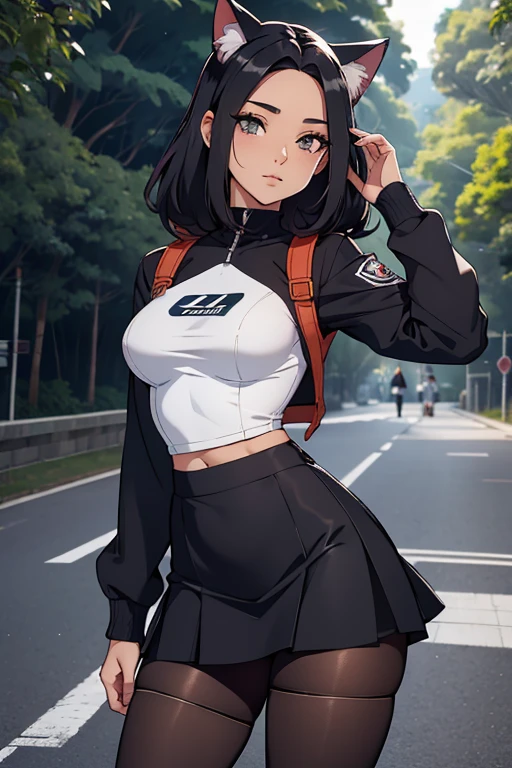 uniforme escolar, uniforme escolar japones foto de corpo inteiro, todo o corpo , cat ears on the head of a beautiful young woman wearing a short skirt, usando meias preta longas apertado ,corpo inteiro na foto,floresta a noite varias luzes,belas coxas, coxas lindas belhos olhos escuros detalhados, sueter branco apertado,maio apertado , tight pantyhose, mini saia , ceu limpo a noite com estrelas numa floresta a noite,short curto linda jovem, olhos sedutores feminino.CABELO CURTO PRETO((CABELOS CURTO PRETO)) jaqueta preta, usando jaqueta de couro apertado