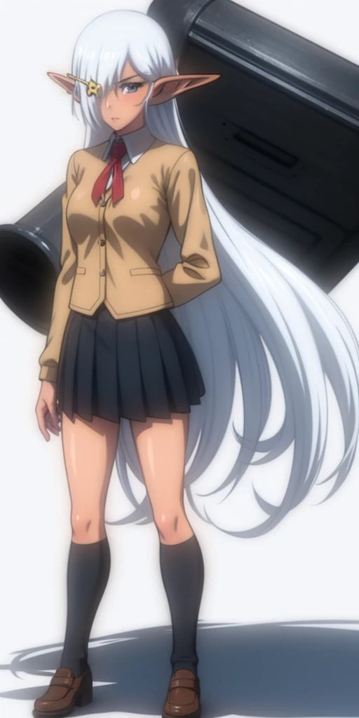 full body standing woman, white background, white hair, long messy hair, black elf skin, school uniform, girlscout uniform, looking to the viewer, short skirt