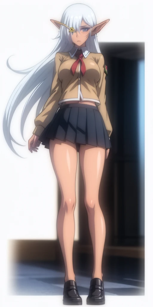 full body standing woman, white background, white hair, long messy hair, black elf skin, school uniform, girlscout uniform, looking to the viewer, short skirt