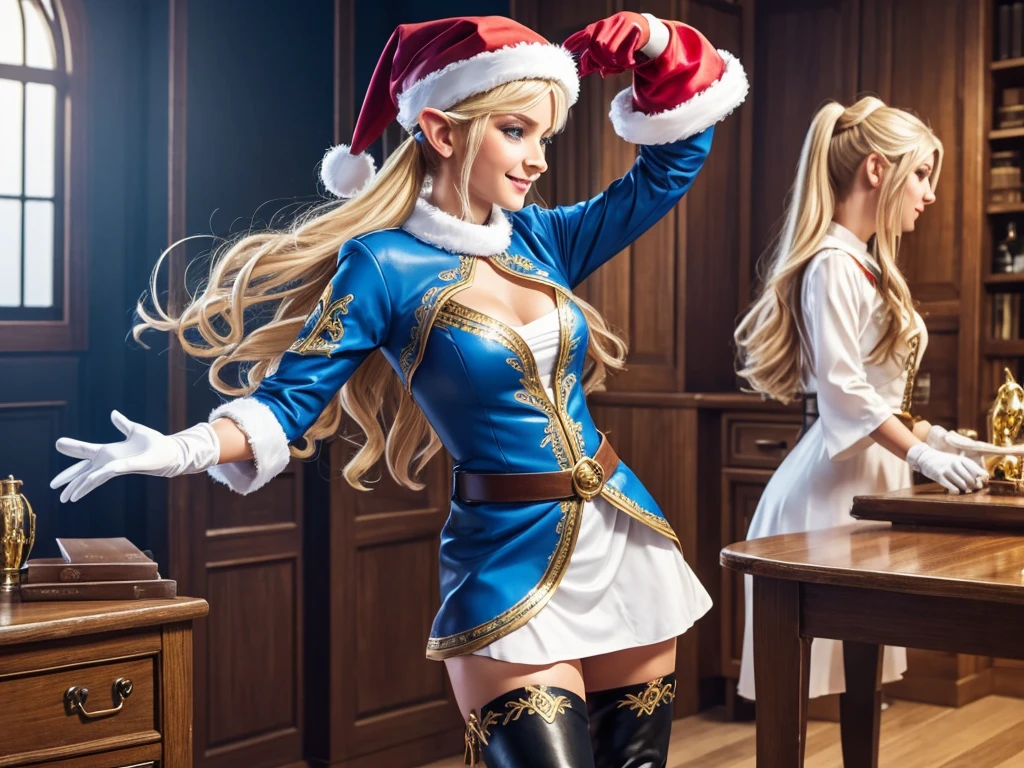 1 santa claus and 2 young women dancing in the office. view side BREAK man dressed as santa claus dancing BREAK blonde elf with blue eyes, beatiful face, long wavy hair, in a blue dress with gold embroidery, leather gloves above the elbow, thigh boots. BREAK brunette elf, hair ponytail, cute face, in a white dress with black embroidery, leather gloves above the elbow, thigh boots. BREAK smile, laughter, atmosphere of celebration and fun, high quality. 8K.