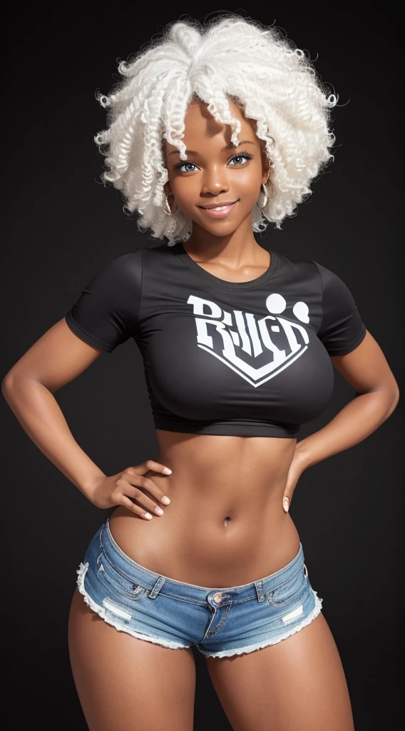 Black girl, 1.55 tall, blue eyes, contagious smile, round face, curly white hair, perfect breasts, perfect butt, toned legs, perfect body. Clothes: short t-shirt and tight shorts. Pose: on her back showing off her perfect butt, black background.