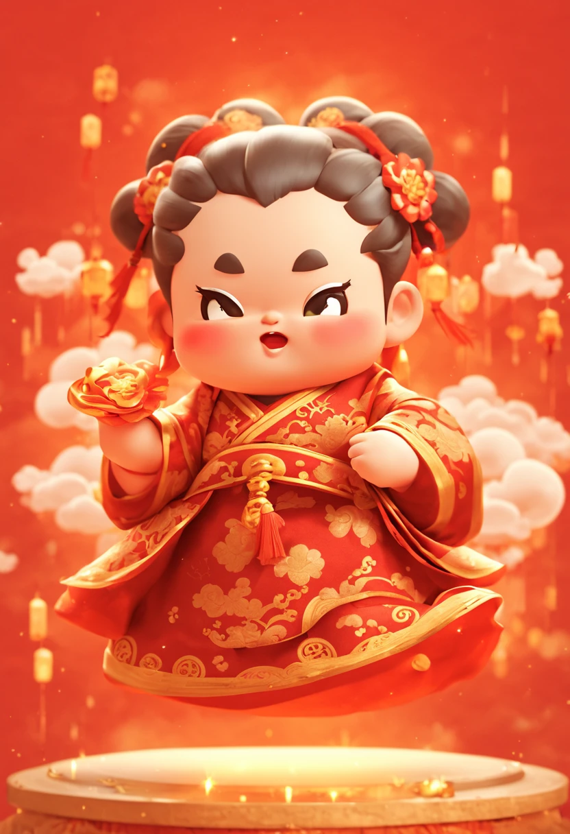 Game character design，(((Vector illustration style)))，(1 chubby child，Wearing the legendary Chinese New Year red costume，Wearing an auspicious gemstone headdresuwa#39;s facial expression  cute and enthusiastic，The eyes are shining，The corners of the mouth are raised), (Fuwa holds a bunch of firecrackeruwa’s hair has two cute little braids，You can tie a red ribbon on the braid), (((The stands up，Chinese Xiangyun cloth shoes: 1.6, Glowing lines or deep red LED light effect))), (whole body: 1.5), (((Chinese New Year elements, Chinese red background, auspicious clouds))), (pov, first-person view, Ghibli-like colours, Luminism, cinematic lighting, UHD, masterpiece, ccurate, anatomically correct, textured skin, super detail, high details, high quality, award winning, best quality, 4k), vivd colour, lively expression, eyes with brightness, Gentle background, styled