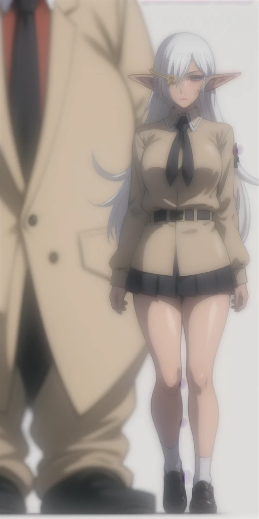 full body standing woman, white background, white hair, long messy hair, black elf skin, school uniform, looking to the viewer, short skirt