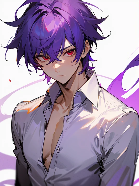 Ultra Detail,Haig Quality,sketch,1boy,matured male,Beautiful face,Purple hair,Handsome men,Pearl skin,White shirt,Red Eyes,Like a cat's eye,Male teenager,god's generation、Go straight through Project Secatanding、frontage、Looking at the camera、Eyes are looking straight at the camera、CharacterDesignSheet