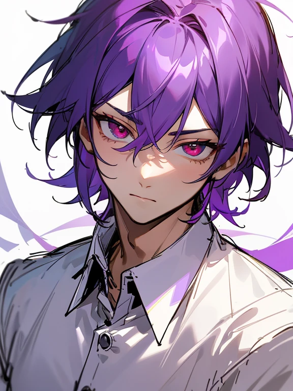 Ultra Detail,Haig Quality,sketch,1boy,matured male,Beautiful face,Purple hair,Handsome men,Pearl skin,White shirt,Red Eyes,Like a cat's eye,Male teenager,god&#39;s generation、Go straight through Project Secatanding、frontage、Looking at the camera、Eyes are looking straight at the camera、CharacterDesignSheet