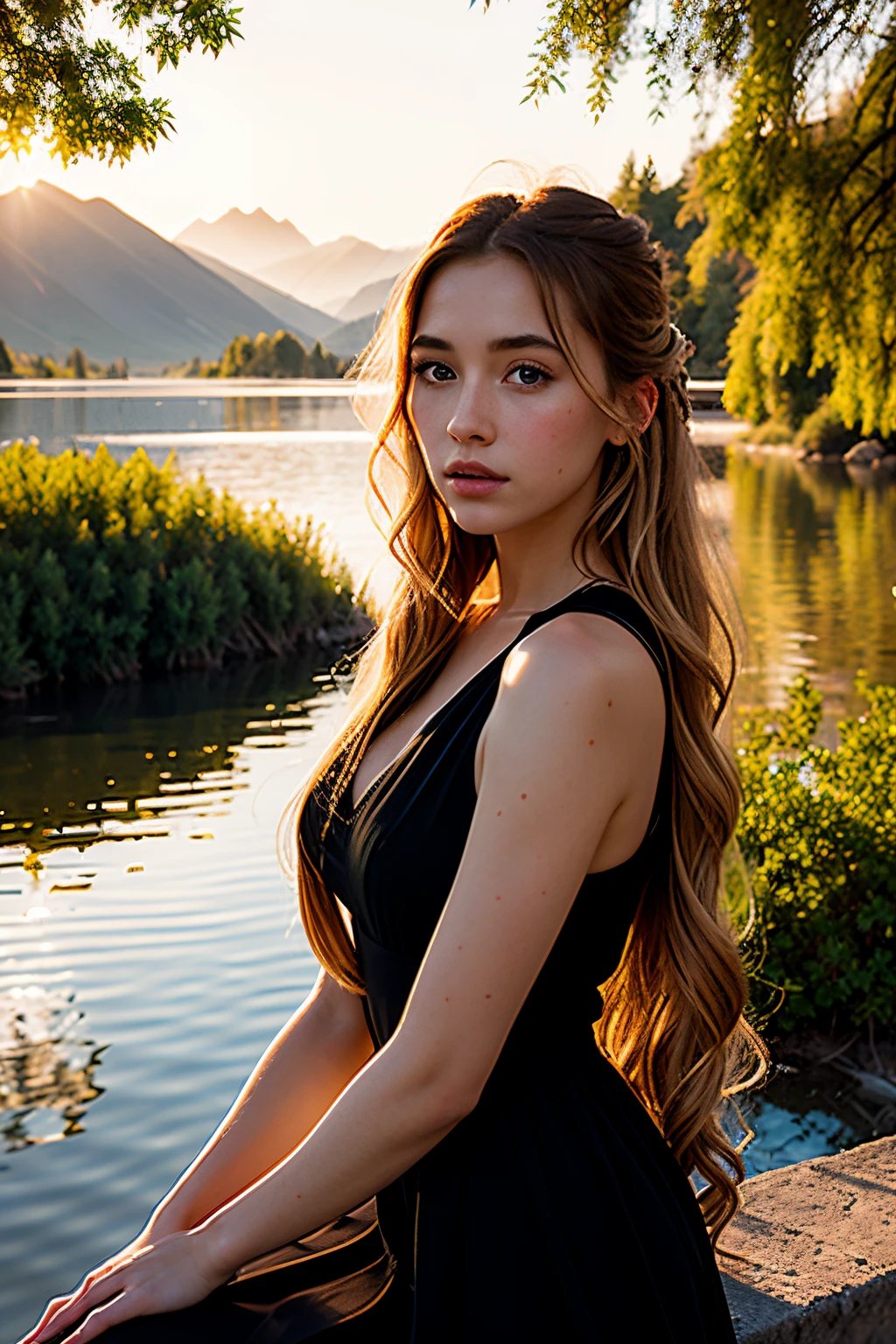 1 girl, serene expression, mesmerizing eyes, straight long hair, wavy hair,blonde hair, black hair, flowing dress, poised posture, porcelain skin, subtle blush,
BREAK
golden hour, (rim lighting):1.2, warm tones, sun flare, soft shadows, vibrant colors, painterly effect, dreamy atmosphere
BREAK
scenic lake, distant mountains, willow tree, calm water, reflection, sunlit clouds, peaceful ambiance, idyllic sunset, ultra detailed, official art, unity 8k wallpaper
, zentangle, mandala