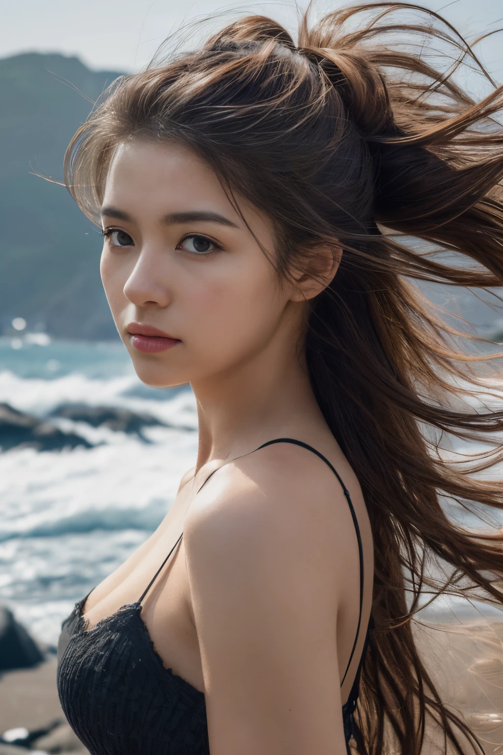 ((Top Quality)),((Masterpiece)),((Very Beautiful)), Distinctive light and shadow, One girl, Messy hair, Realistic skin texture, Strong wind, Rain, Rocky shore, Rough sea, Feminine pose