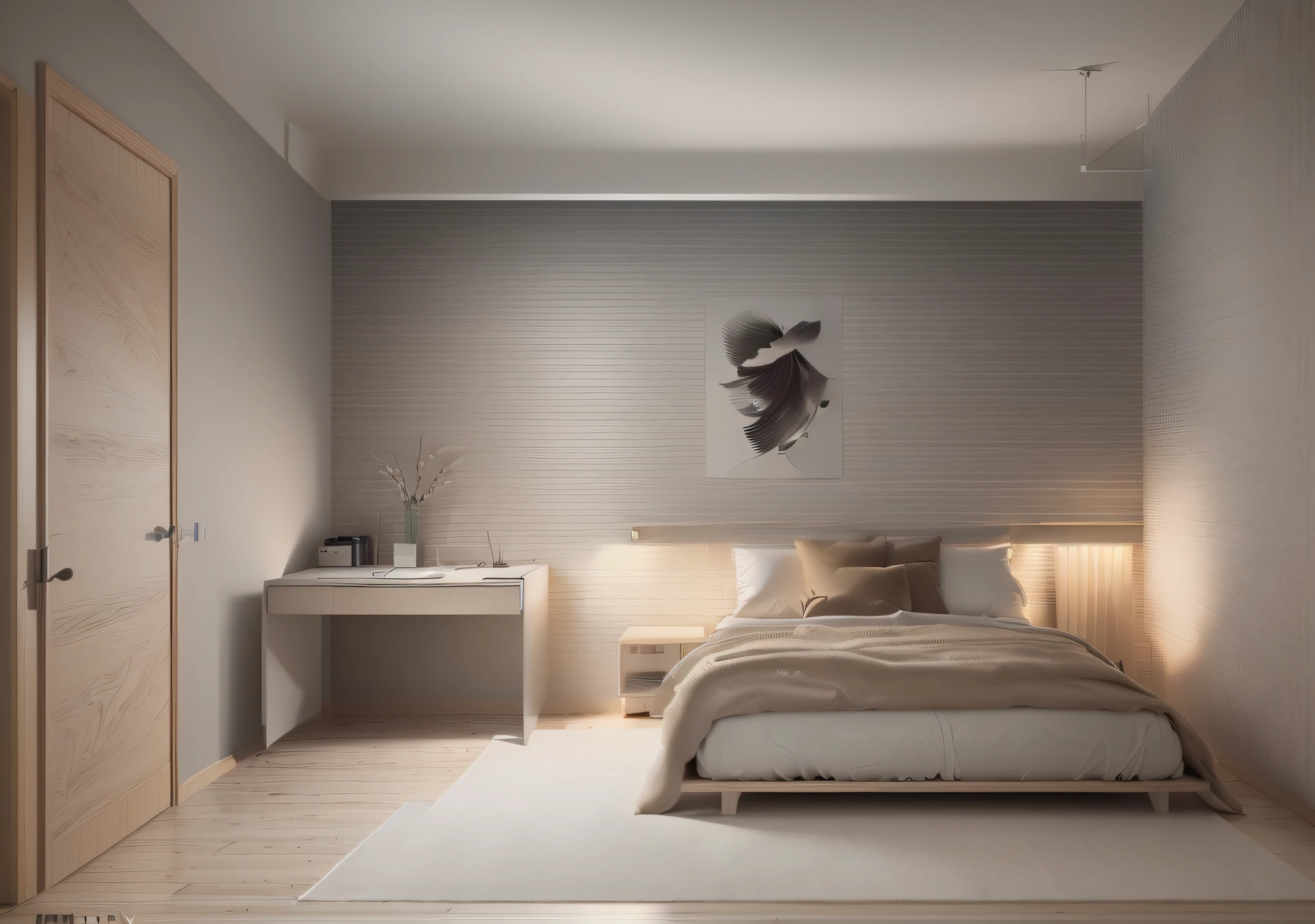 (extremely detailed CG unity 8k wallpaper, masterpiece, best quality, ultra-detailed), minimalistic decoration style, high resolution, bedroom, (decorative drawings, reference drawings), clean and elegant ambiance, wide shot, wood floor
