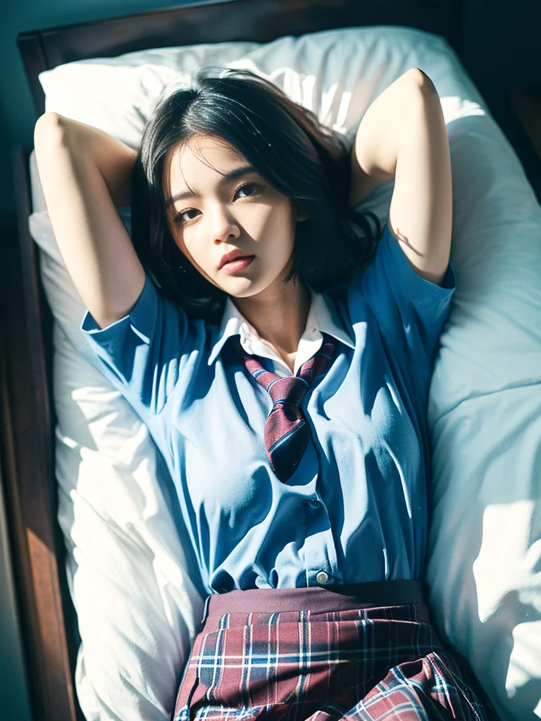 masterpiece, ultra realistic, 32k, extremely detailed CG unity 8k wallpaper, best quality, dramatic light, (film overlay, film grain:1.5), (masterpiece, best quality:1.2), 
1 girl in, 25 years old, Beautiful girl in Japan,japanese, ((eyes visible through hair)),((Plump lips)), (Wavy Hair),(Short hair), ((one small mole under my eye)),
(Detailed eyes),(detailed facial features), (detailed arms),(Detailed fingers),(Detailed legs), 
(bedroom), (Beautiful woman lying in bed sleeping),  ((School Uniforms, red checked skirt)), 
((room at night)), ((dark light)), dark ilumination, (blue colour shade), (cool lighting)
