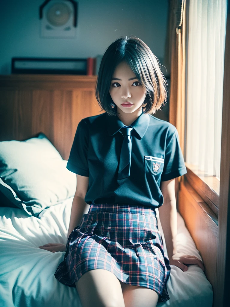 masterpiece, ultra realistic, 32k, extremely detailed CG unity 8k wallpaper, best quality, dramatic light, (film overlay, film grain:1.5), (masterpiece, best quality:1.2), 
1 girl in, 25 years old, Beautiful girl in Japan,japanese, ((eyes visible through hair)),((Plump lips)), (Wavy Hair),(Short hair), ((one small mole under my eye)),
(Detailed eyes),(detailed facial features), (detailed arms),(Detailed fingers),(Detailed legs), 
(bedroom), (Beautiful woman lying in bed sleeping),  ((School Uniforms, red checked skirt)), 
((room at night)), ((dark light)), dark ilumination, (blue colour shade), (cool lighting)
