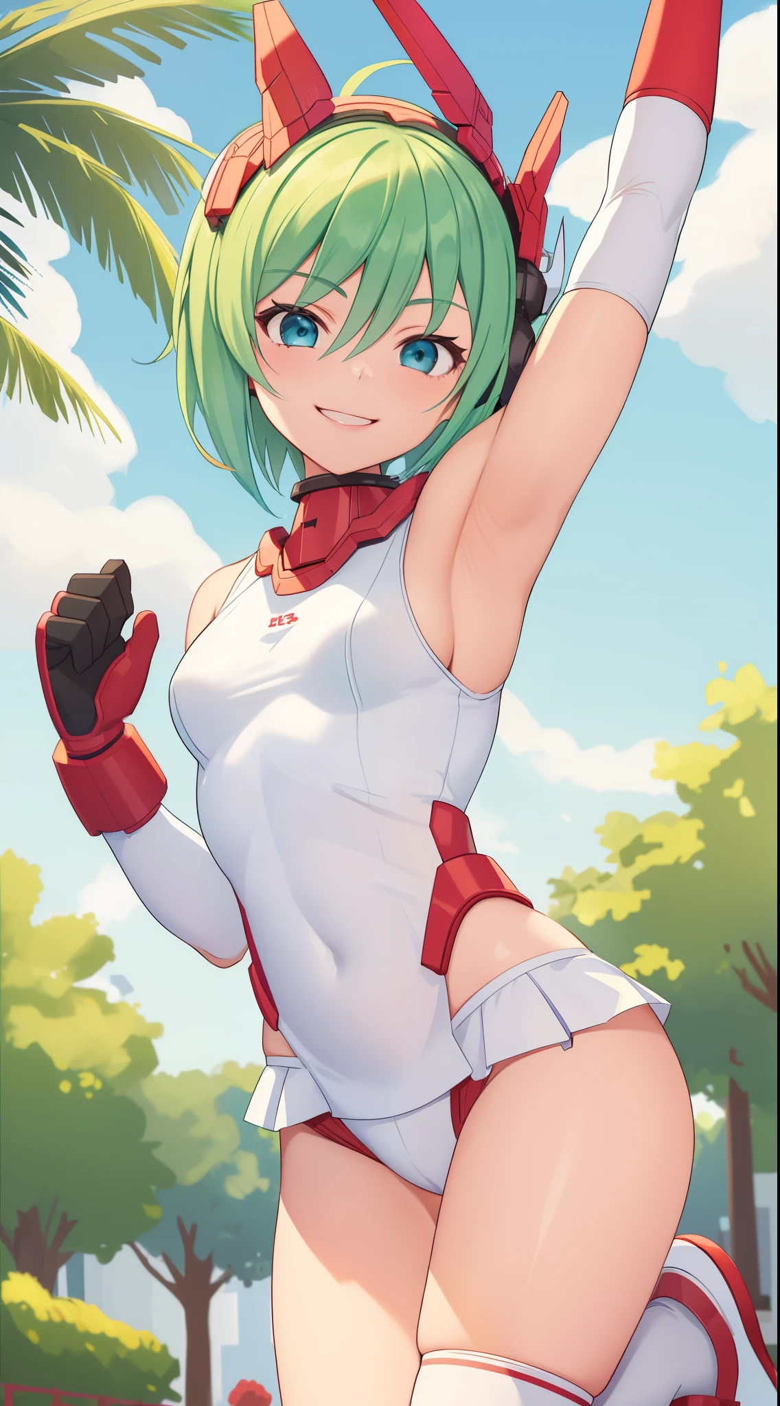 1 girl, , in the park, white tank top, demin short, small breasts, short hair, green hair, blue eyes, elbow gloves, cute girl, smiling, mecha headgear, seductive pose, red shoes