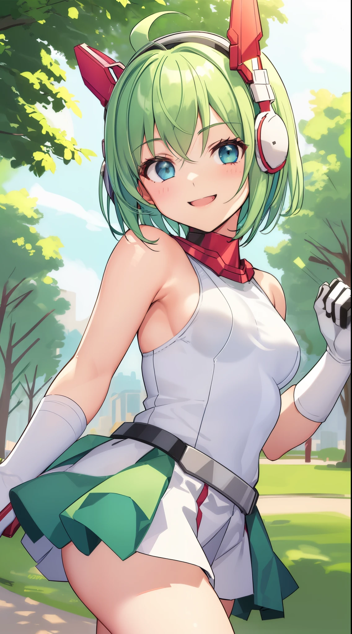 1 girl, 14 years old, in the park, white tank top, demin short, small breasts, short hair, green hair, blue eyes, elbow gloves, cute girl, smiling, mecha headgear, seductive pose, red shoes