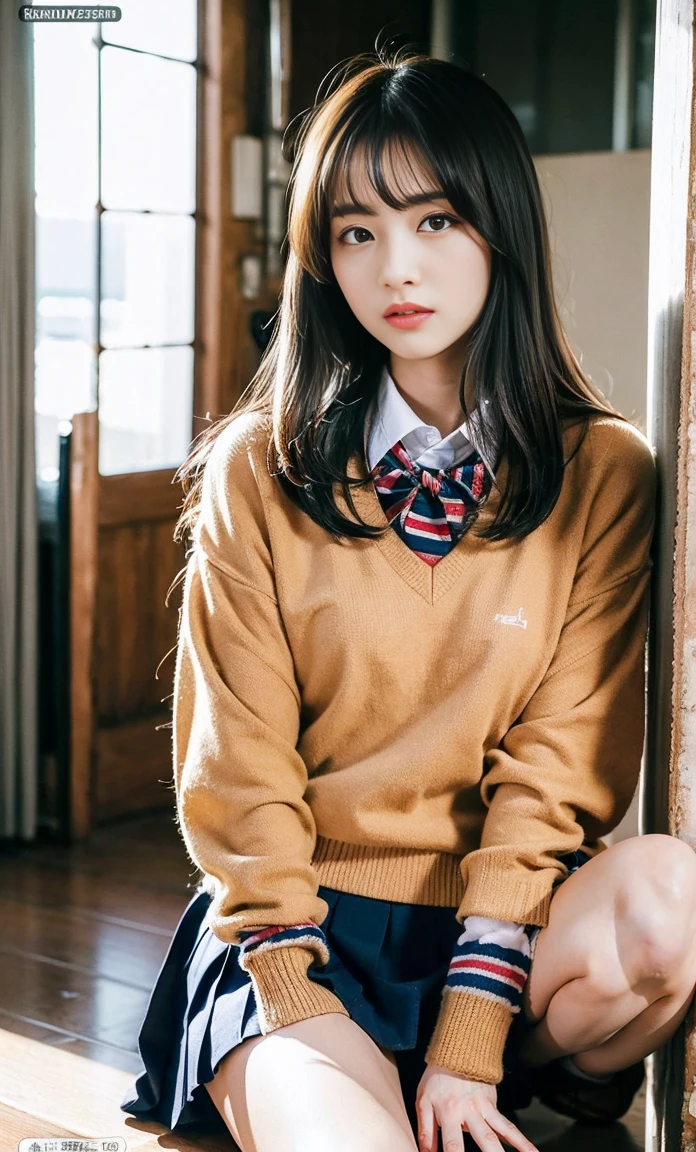 ulzzang -6500-v1.1, (Raw foto:1.2), (Photorealsitic:1.4), a beautiful detailed girl, extremely detailed eye and face, beatiful detailed eyes, Ridiculous, unbelievable Ridiculous, huge filesize, ultra-detailliert, hight resolution, ighly detailed, top-quality, masterpiece, Kemomimi, ((Muffler Japanese girls high school uniform)), illustratio, ighly detailed, nffsw, unification, 8k wallpaper, astonishing, finely detail, masterpiece, top-quality, Highly detailed ticker uniform 8K wallpaper, face lights、Cinematographic lighting、1girl in、sixteen years old、(witheout panties)、((dynamicposes)))、(camel's toe)、(half)、、(Crooked knees and legs sitting))