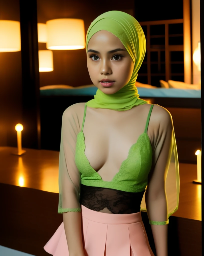 (((HIJAB MALAY GIRL))), (BLACK LIPS), top-quality、masterpiece、Surreal、((childs room))、((Stuffed animals are on display.))、transparent Gymnastic suit、japanes、Pupils、tiny girl、The appearance of the child、Height 140cm、hchool girl、small body of a child、streaks、Thin leg、report、Sunlight、Human Realistic Skin、Glossy skin、a picture、full bodyesbia. (((Transparent))), (((SOFT GREEN LACE))), (((SKINNY BOOBS))), (((TIGH MINI SKIRT))), (((FLAT CHEST))), (((FLAT CHEST))), (((FLAT CHEST))), (TIGHT FIT TRANSPARENT DRESS).