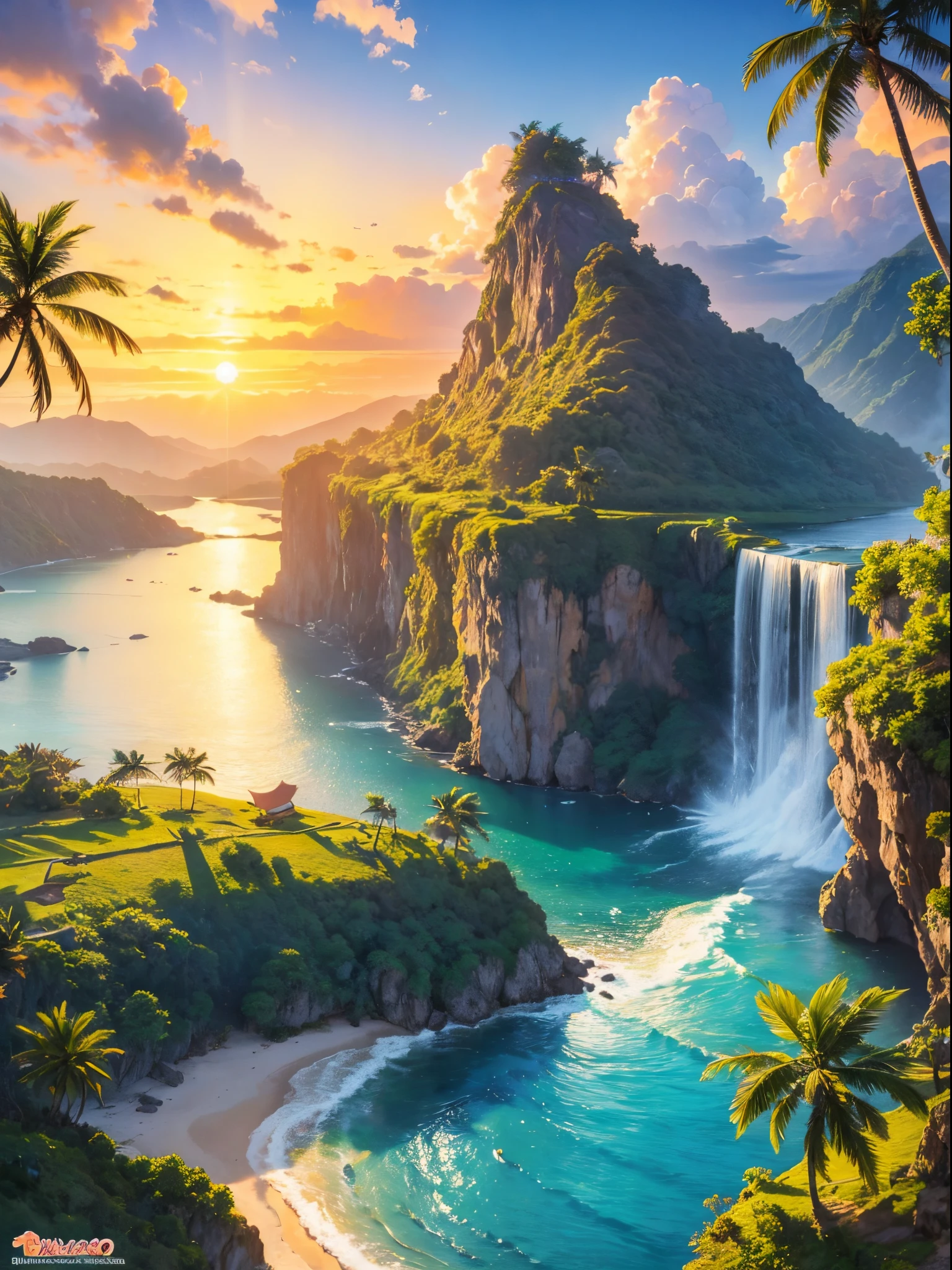 painting of a sunset on a tropical beach with a greeny hill and distance waterfall in the background, coconut trees, small sailing boat, beautiful art uhd, detailed painting, highly detailed digital art, anime art wallpaper 4k