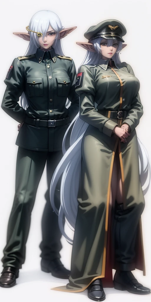 full body standing woman, white background, white hair, long messy hair, black elf skin, militar uniform (nazi uniform), looking to the viewer, short skirt