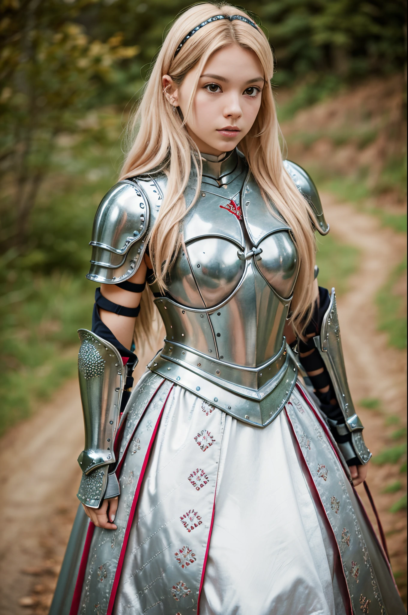 photo of a 25-year-old girl in knightly armor of the 17th century, full length, not a long neck, medium plan, ghotic, hyper realisitc, Clear facial features, Professional photo, 34k, Aesthetically pleasing, beautiful, Realistic, camera Sony Alpha a5000 kit, 30mm lens, 1//2,8, ISO100, snapshot --auto --s2