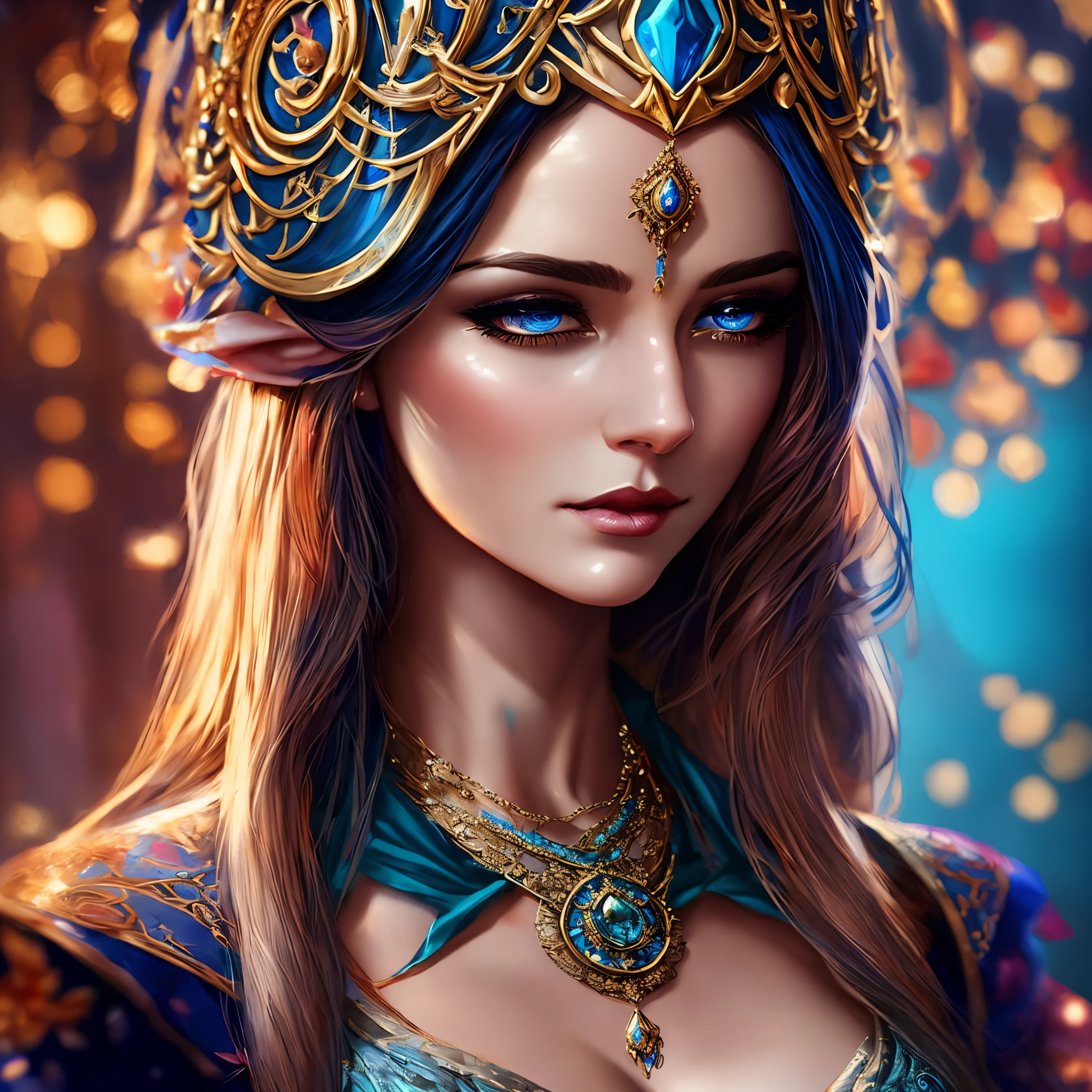a woman in a blue dress with a tia and a necklace, ornate , a beautiful fantasy empress, fantasy art behance, beautiful and elegant elf queen, beautiful elf with ornate robes, artgerm julie bell beeple, 4k fantasy art, epic fantasy art portrait, epic fantasy art style hd, 8k fantasy art, elegant cinematic fantasy art