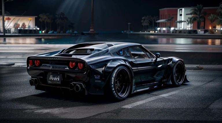 Automotive concept art of a Stylish, tactical Ferrari F40 Competizione in matte black, cgi, created by Wallace Corporation, cyberdine systems, RDA and hanka robotics, ground shadows, in a night time city square, trending on artstation, cgsociety, crepuscular rays, 3D, shot with a canon cine prime wide angle lens, unreal engine, octane render, masterpiece, maya render, corona, immaculate detail, racing spec, HDR light studio, use careful studio lighting techniques that d in crisp detail., epic composition, inspired by Forza and gran turismo, 4k, race decals,(( rich colour palette)), perfectly fitted spoiler, bespoke colours,