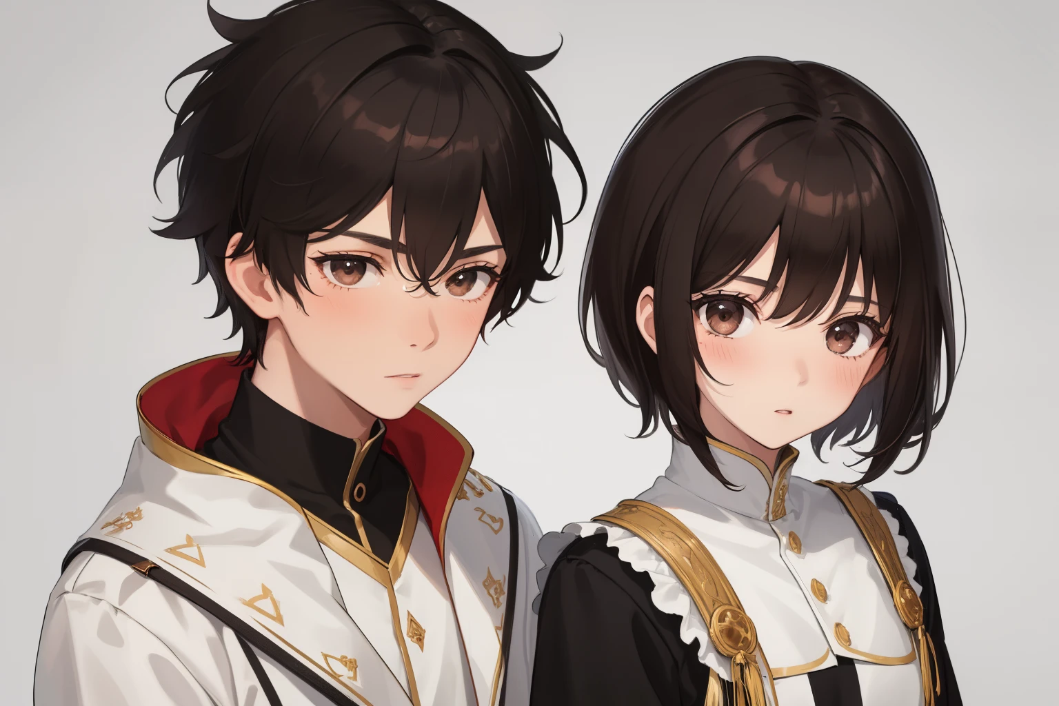 1girl, log hair with brade,brown hair, black eyes, 1boy, short hair, black hair, brown eyes, looking at each other, :o, blush, Indian clothes, boy white jacket,cherry,black pants, portrait, close-up, (from side:0.6)