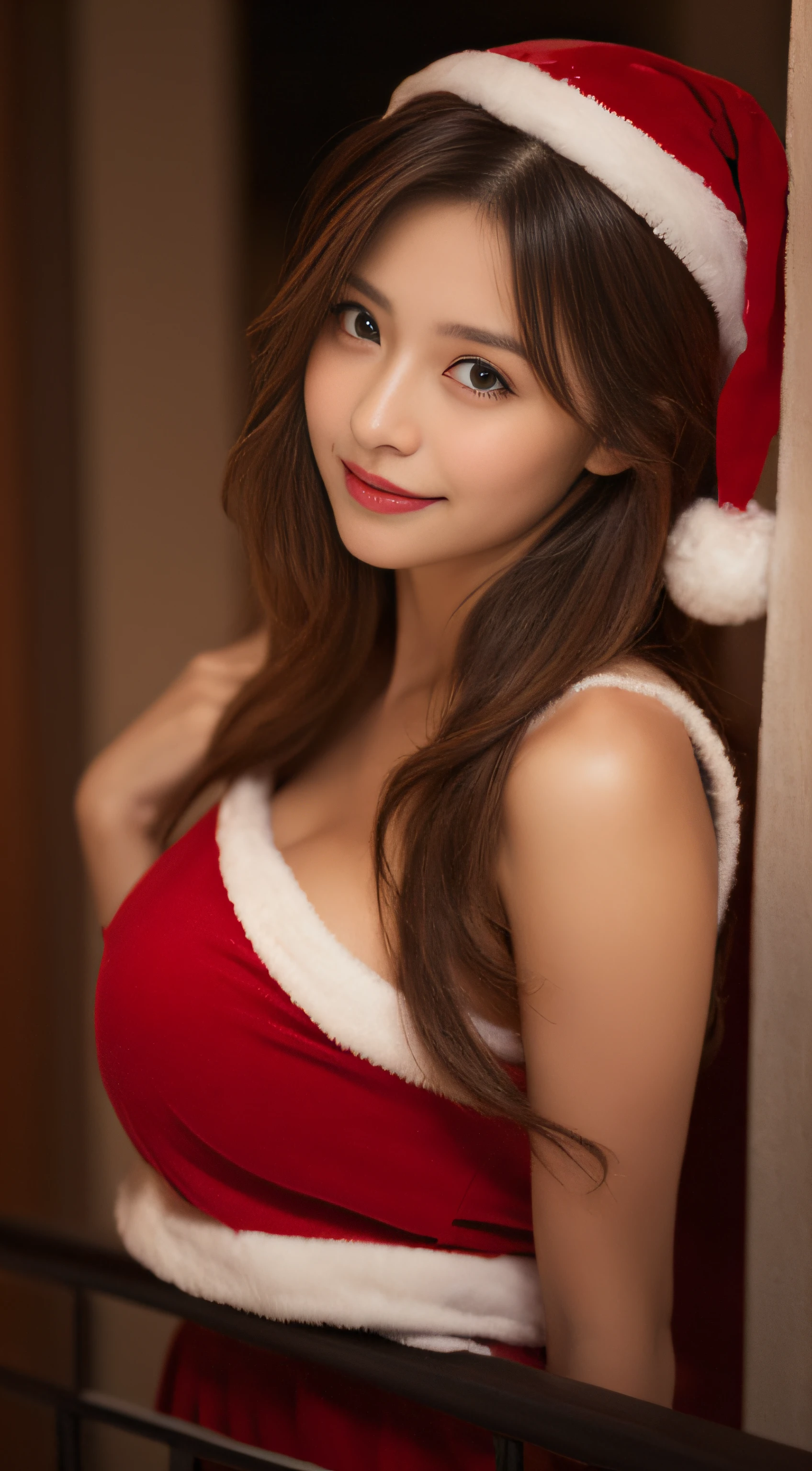 santa  、Christmas 、Night Bar Background、blondehair、, 8K, masutepiece: 1.3)), Self-shot, Sharp Focus: 1.2, Cute beauty with perfect figure: 1.4, Slim Big Breasts: 1.2, ((Brown Black, Big breasts: 1.2)) , (santa , semi-, highly fine breasts, Happy expression, Standing: 1.2), ((nighttime scene,  balconies: 1.3 made with a female main focus)), Highly detailed facial and skin texture, Detailed eyes, Double eyelids, Cute Santa , santa