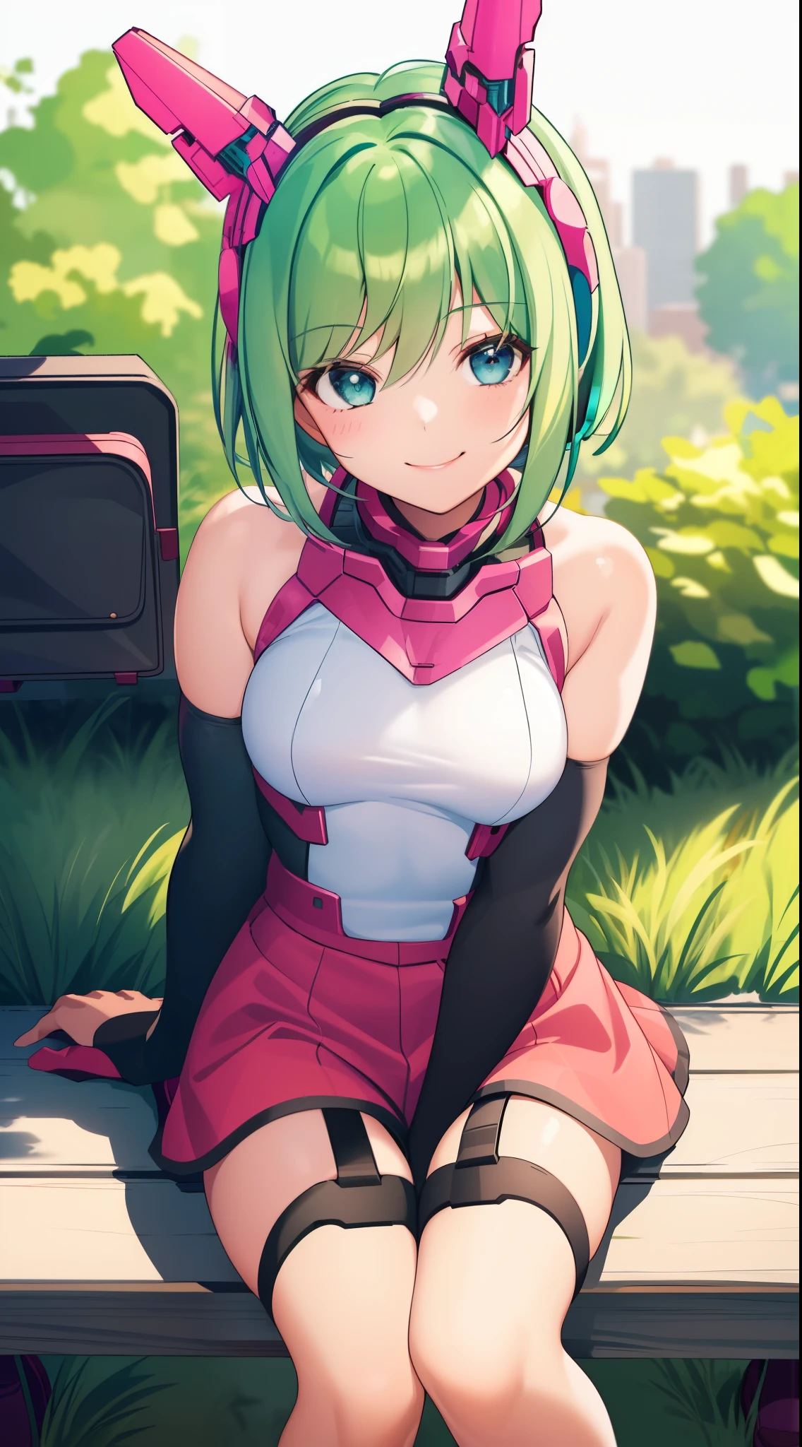 1 girl, ************, in the park, pink t-shirt, demin short, small breasts, short hair, green hair, blue eyes, elbow gloves, cute girl, smiling, mecha headgear, seductive pose, red shoes, sitting in a bench