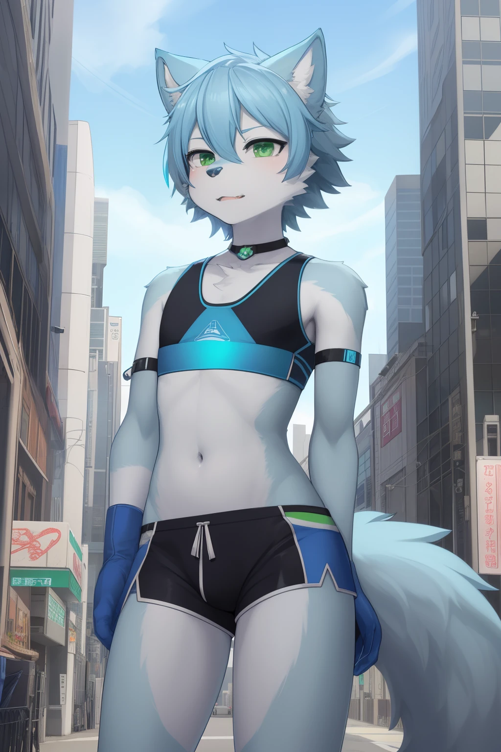 masterpiece, solo, 1boy, Furry, kemono, furry wolf, anthropomorphic, male, green eyes, (blue fur, blue skin), femboy, blue sci-fi clothes, crop top, city, uploaded on e621,